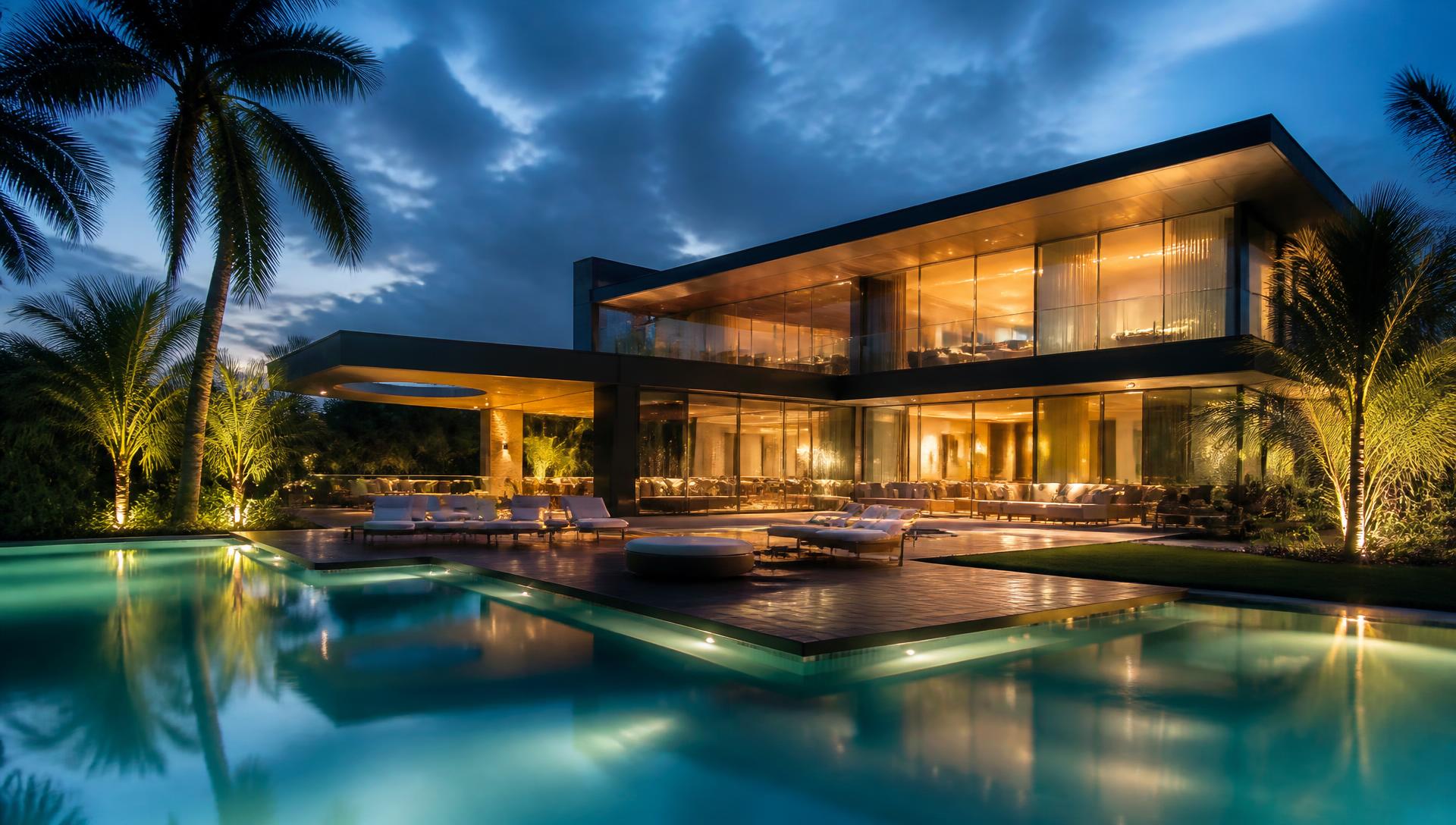 Mansão moderna de alto padrão com piscina ao entardecer